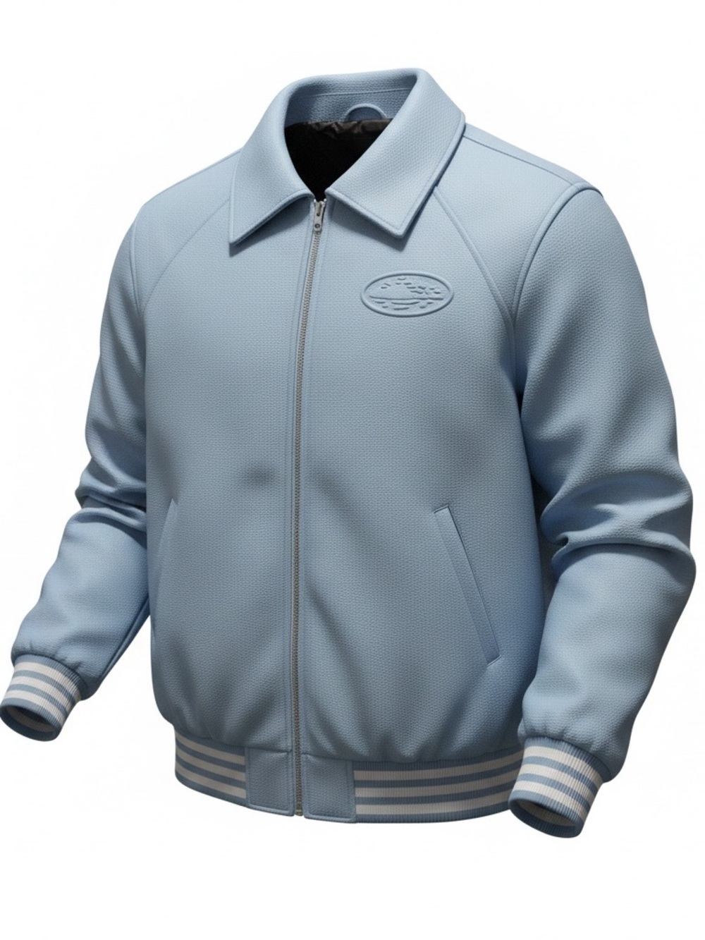 Men's Sky Blue Zip-Front Bomber Jacket with Ribbed Trim